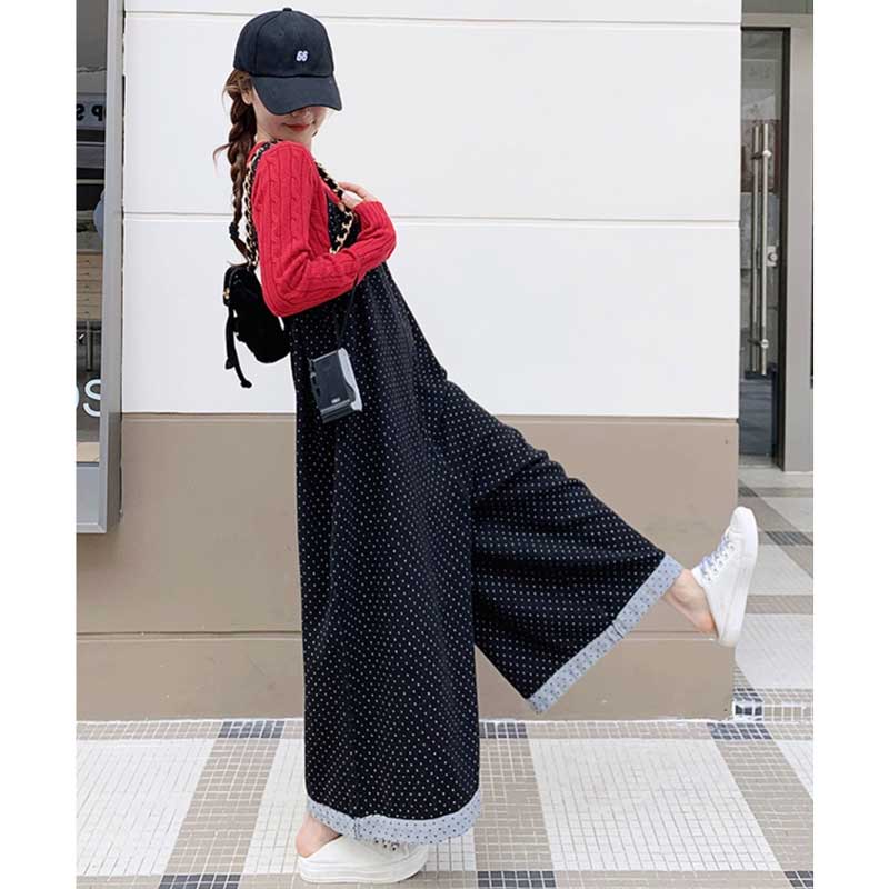 ドット柄ワイドサロペットパンツ