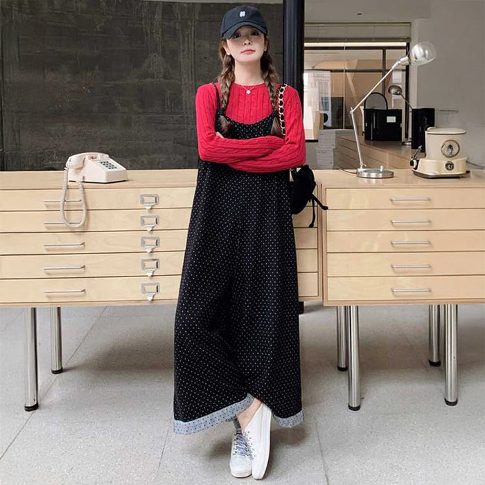 ドット柄ワイドサロペットパンツ