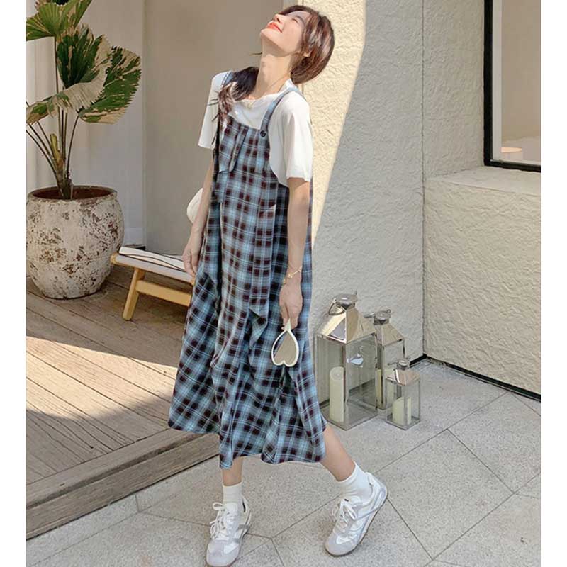 チェック柄フェイクツーピースワンピース