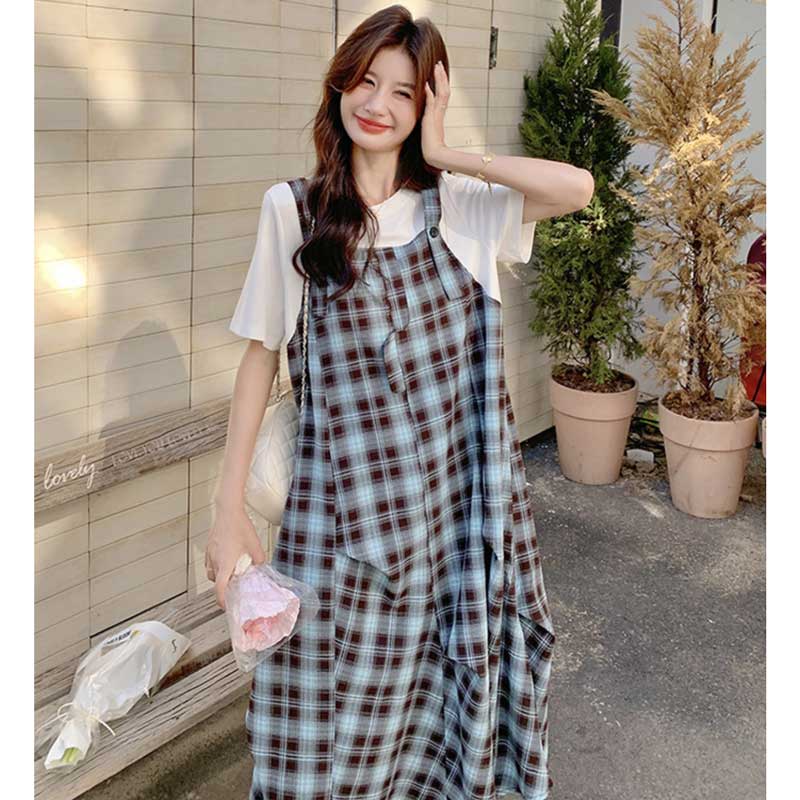 チェック柄フェイクツーピースワンピース