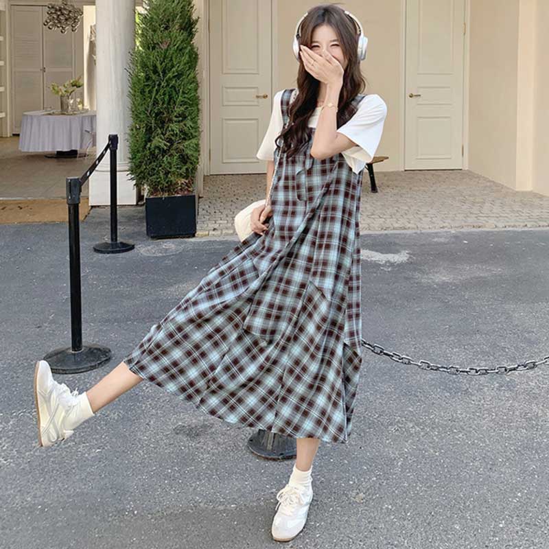 チェック柄フェイクツーピースワンピース