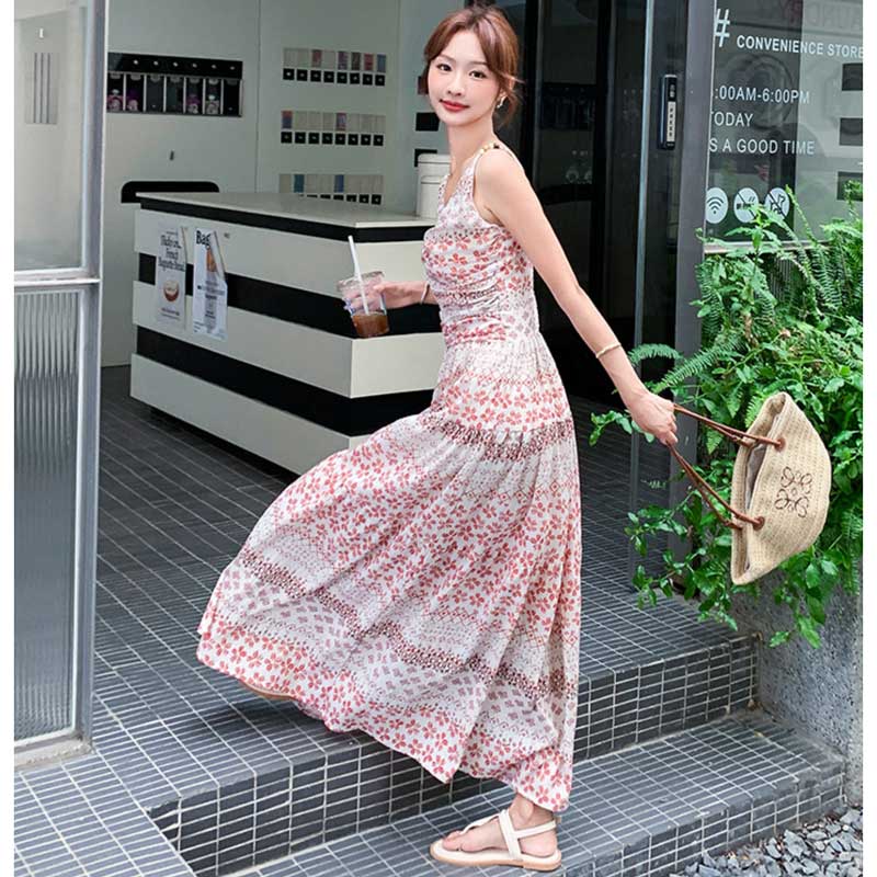 小花柄ティアードロングワンピース