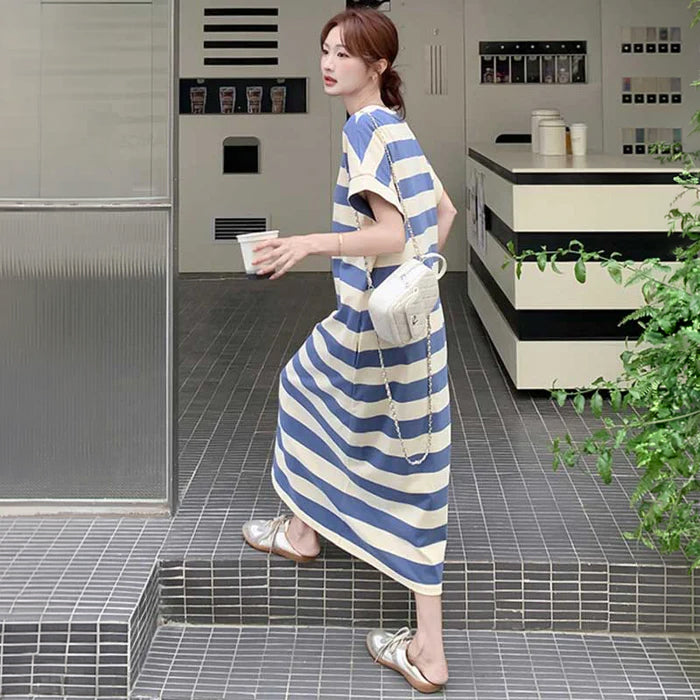 新品✨ シルク100% Theory シャツワンピース ボーダー 上品 きれいめ ボーダーTシャツロングワンピース（青）春/夏 爽やかボーダー柄Tシャツ