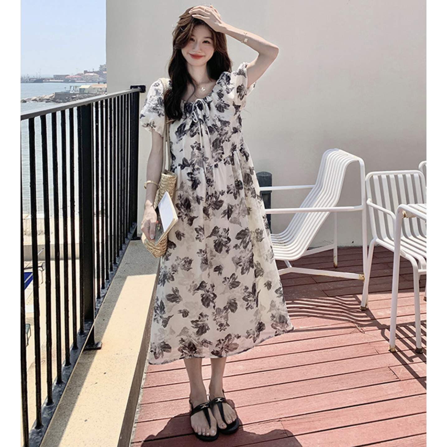 SinceThenキュート 花柄 シースルー パフスリーブ ワンピース フラワーパフスリーブワンピース(白)春/夏 可憐な花柄ワンピース