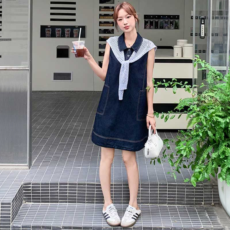 肩掛けカーデ風デニムワンピース
