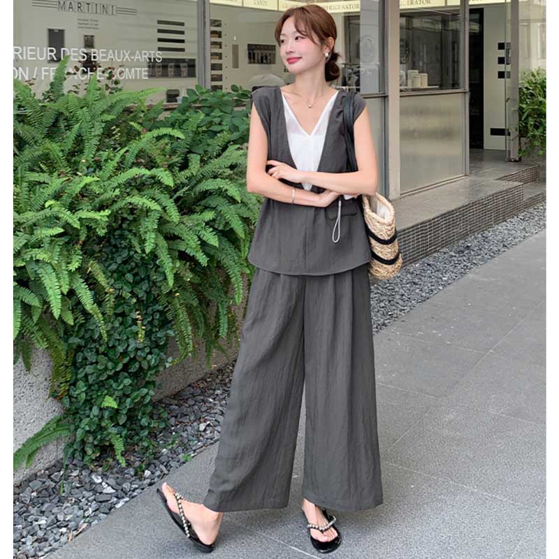 ルーズ セットアップ ノースリーブトップス ワイドパンツ cra195 2WAYノースリーブトップス×ワイドパンツ（灰）春/夏 2WAY