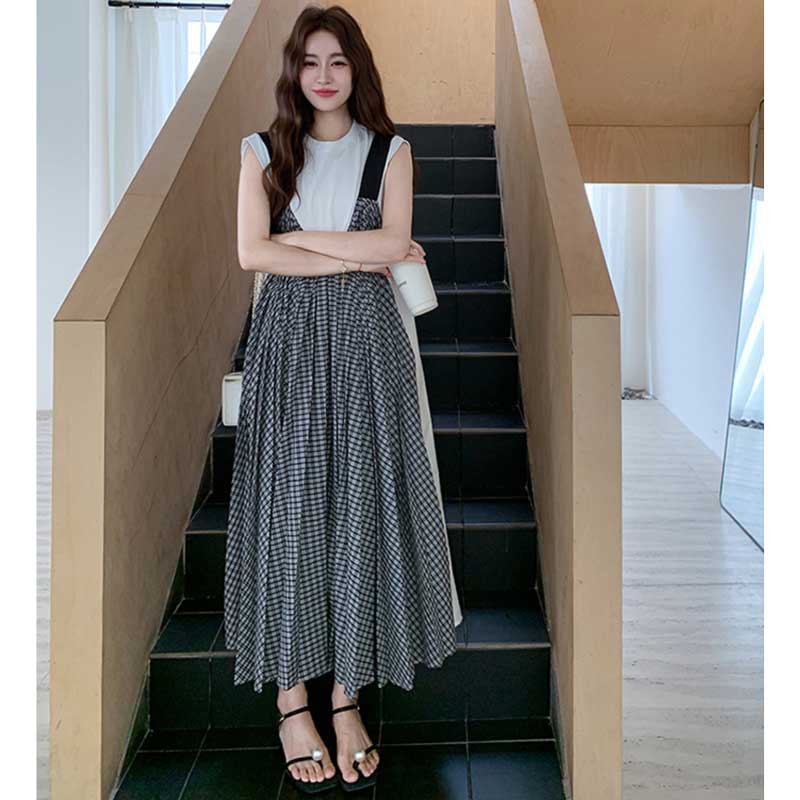 レイヤード風チェックジャンパースカートワンピース（黒・白）春/夏 異