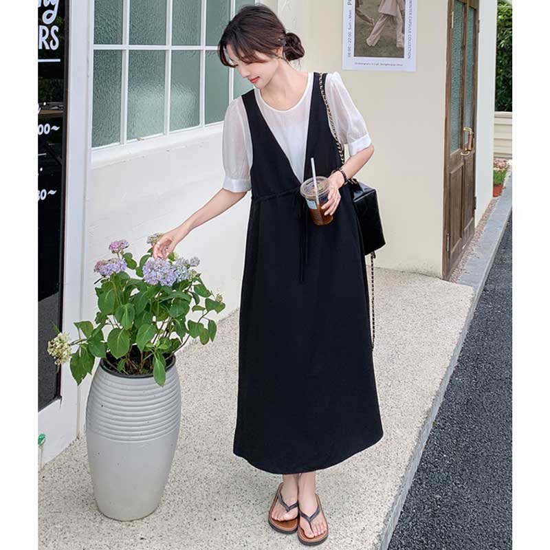 レイヤード風Vネックジャンパースカートワンピース