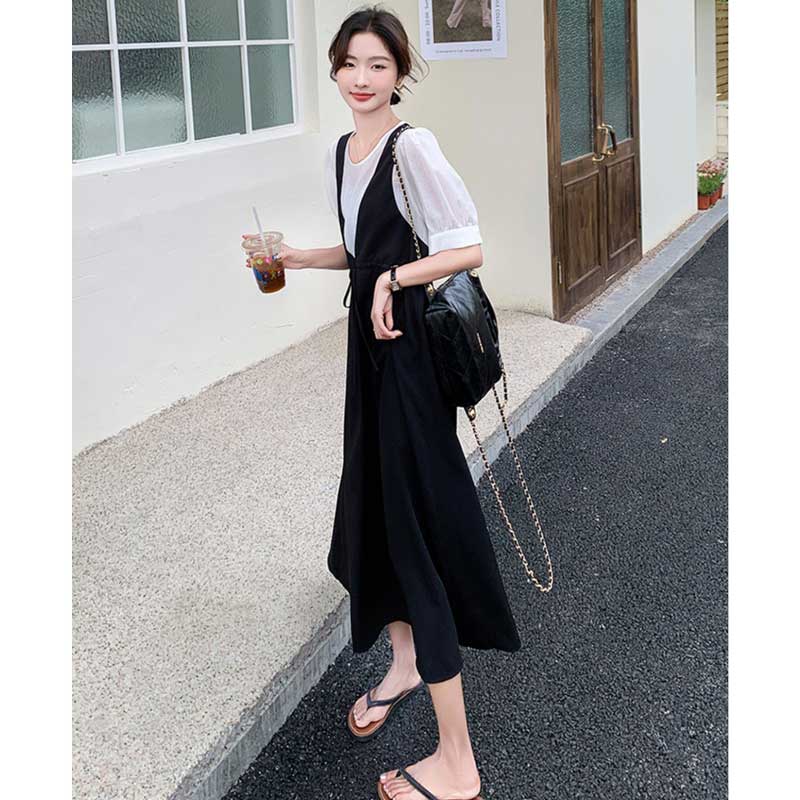 レイヤード風Vネックジャンパースカートワンピース