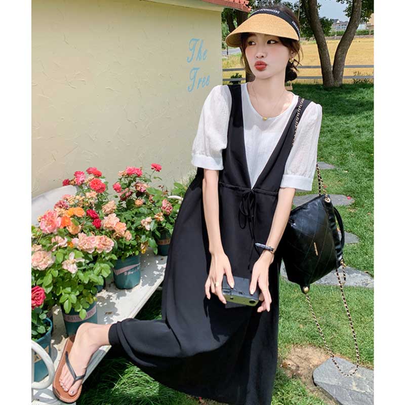 レイヤード風Vネックジャンパースカートワンピース