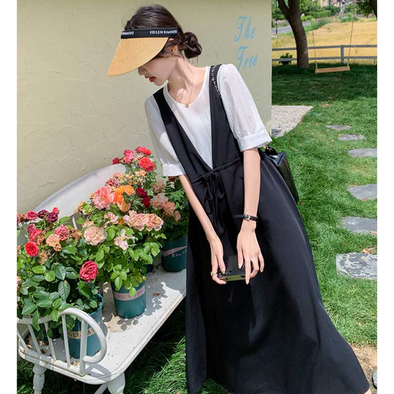 レイヤード風Vネックジャンパースカートワンピース