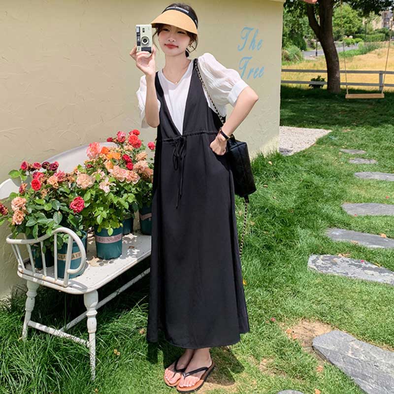 レイヤード風Vネックジャンパースカートワンピース