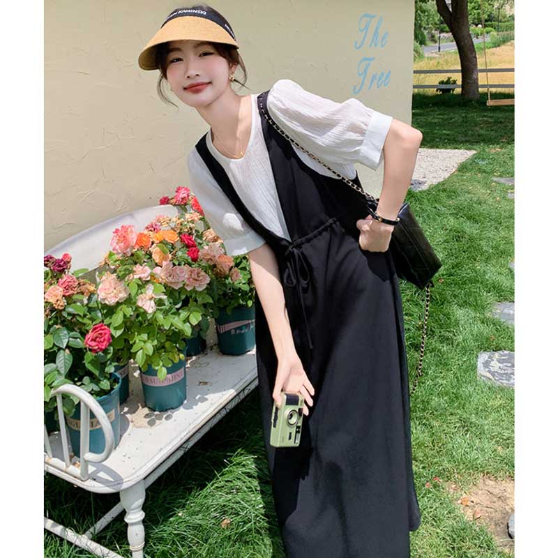 レイヤード風Vネックジャンパースカートワンピース