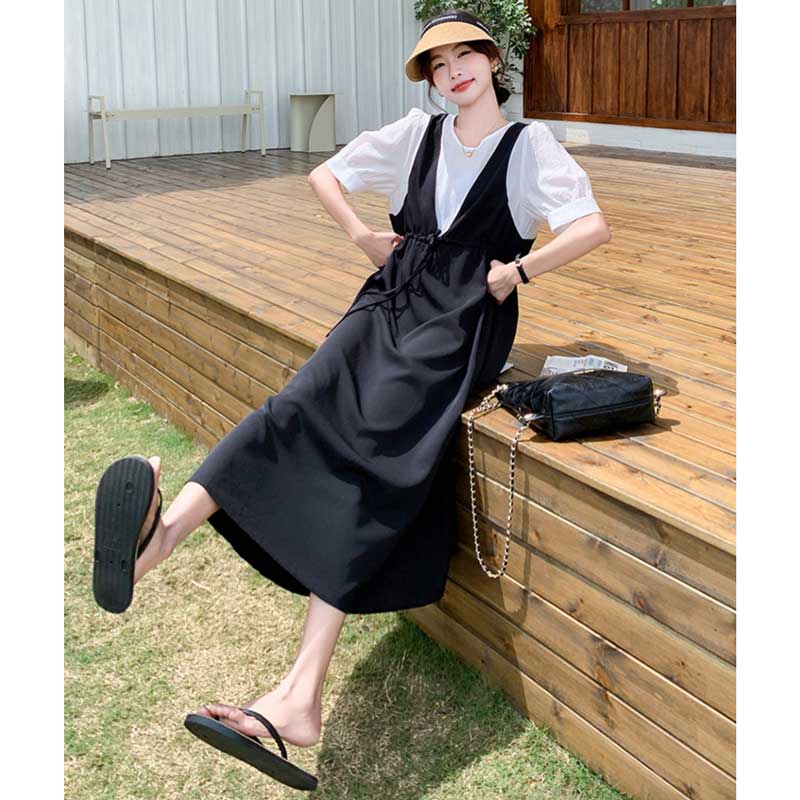 レイヤード風Vネックジャンパースカートワンピース