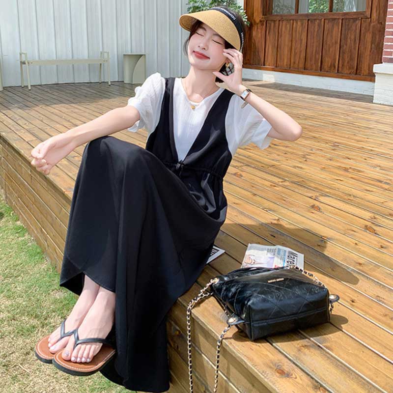 レイヤード風Vネックジャンパースカートワンピース