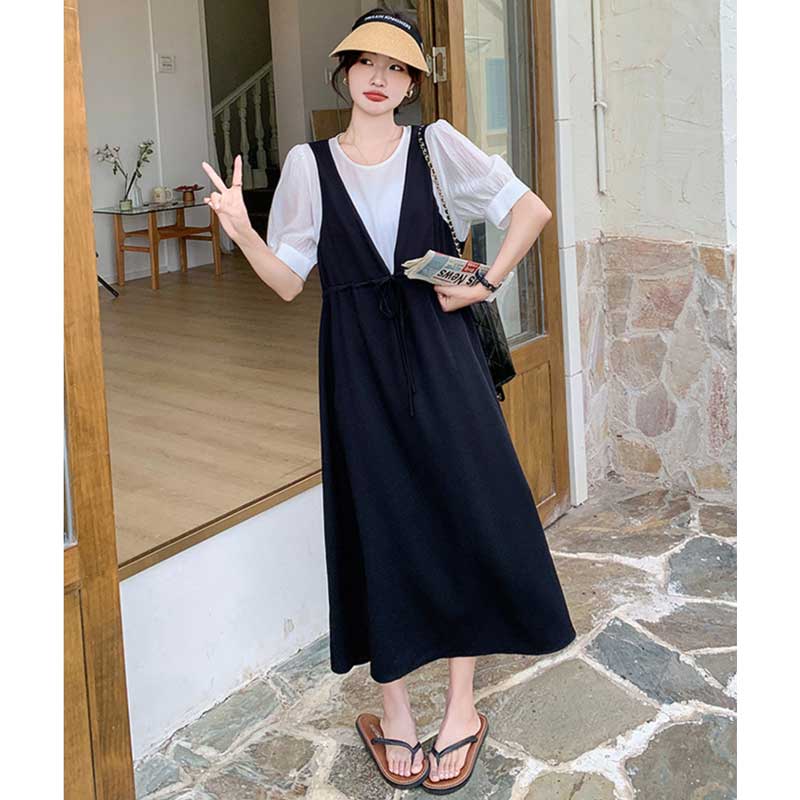 レイヤード風Vネックジャンパースカートワンピース