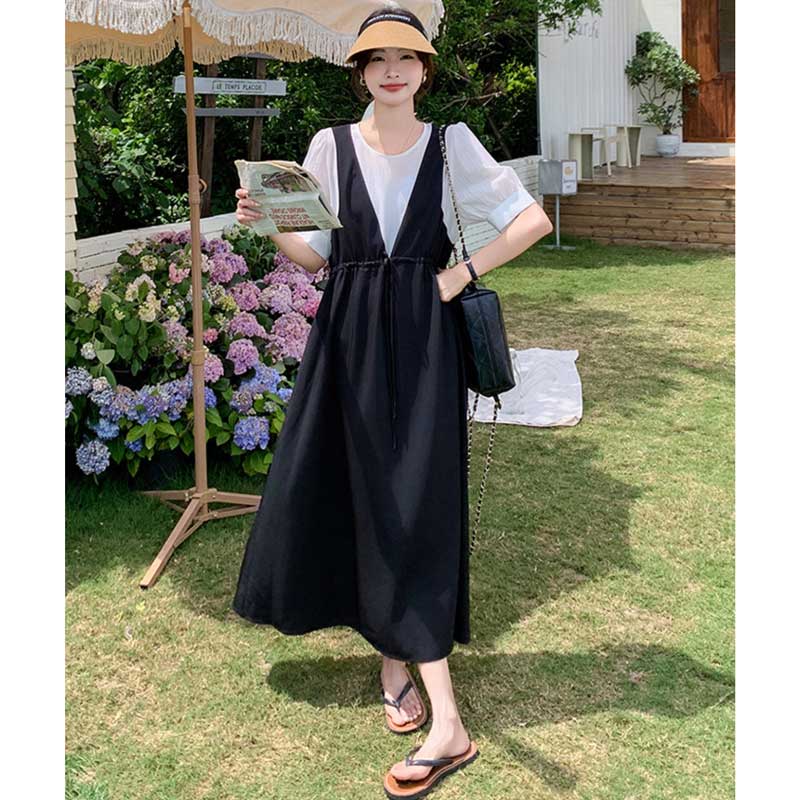 レイヤード風Vネックジャンパースカートワンピース