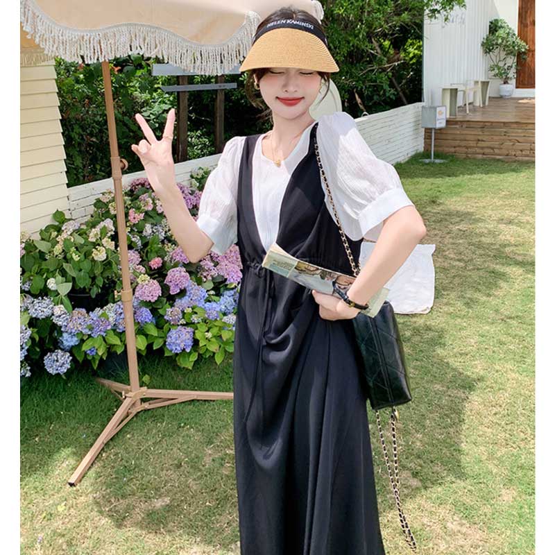 レイヤード風Vネックジャンパースカートワンピース