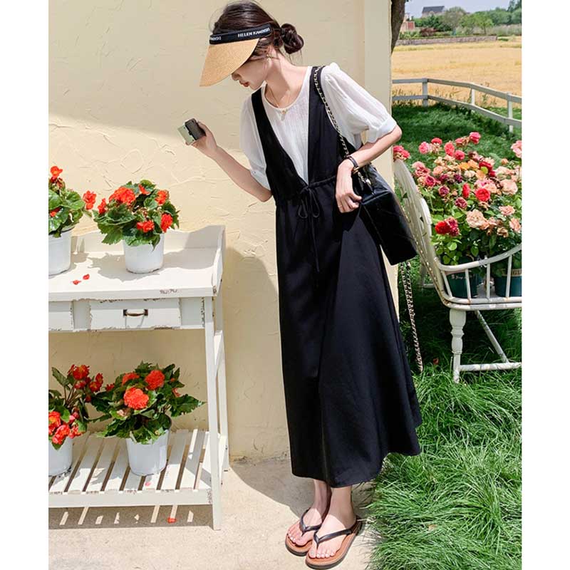 レイヤード風Vネックジャンパースカートワンピース