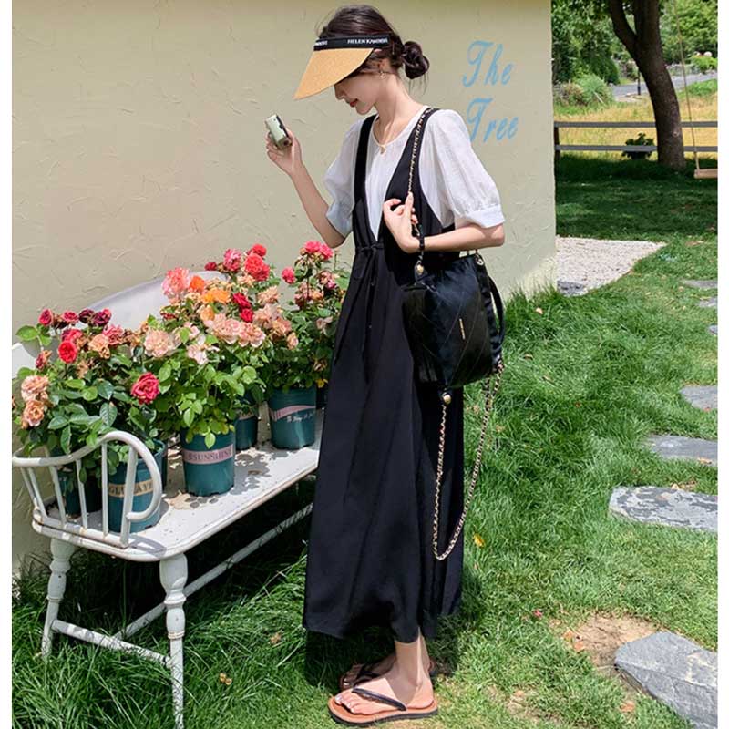 レイヤード風Vネックジャンパースカートワンピース