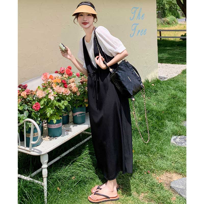 レイヤード風Vネックジャンパースカートワンピース