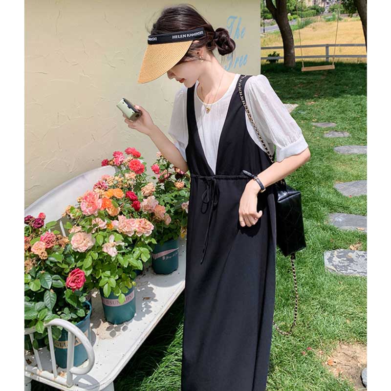 レイヤード風Vネックジャンパースカートワンピース