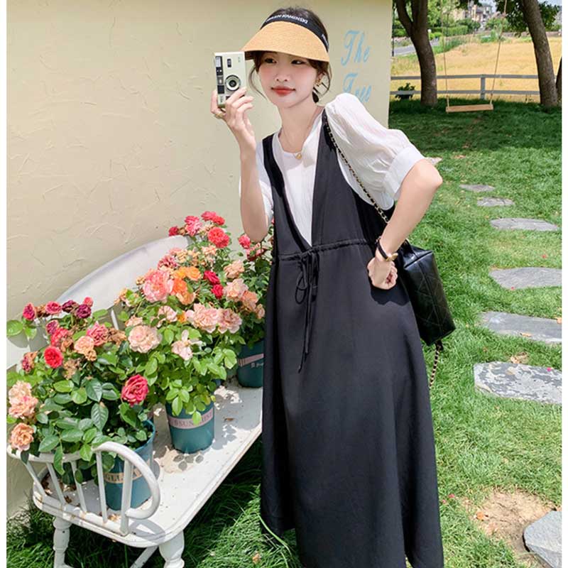 レイヤード風Vネックジャンパースカートワンピース