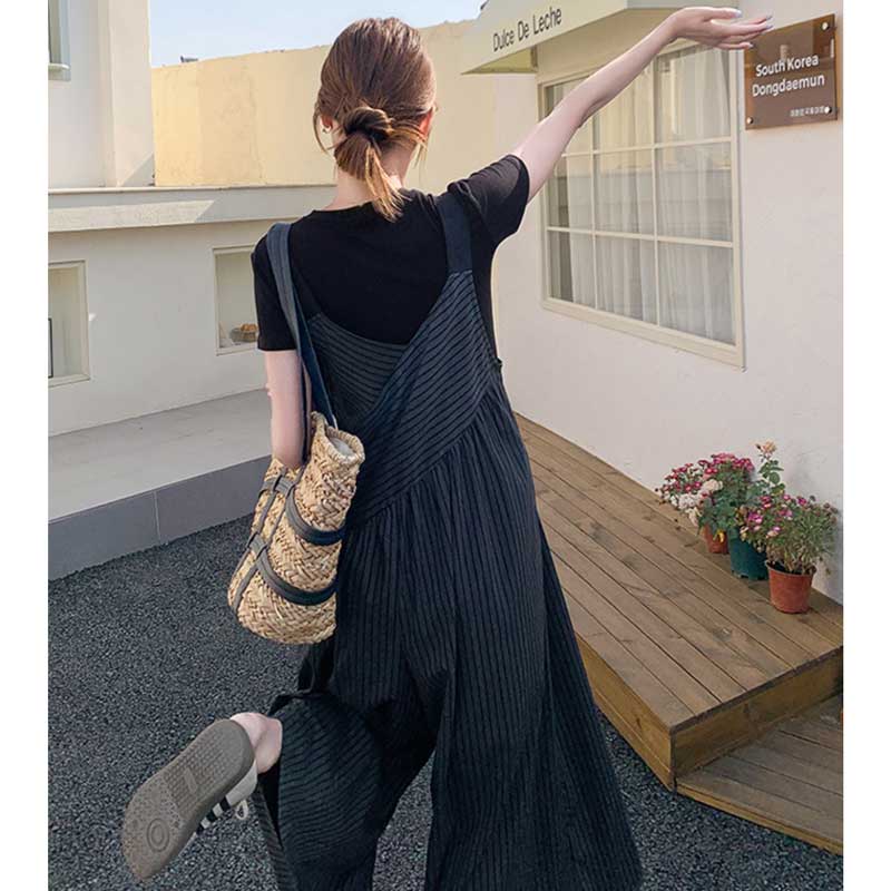 【即納】Tシャツ×ストライプ柄ワイドサロペットパンツ