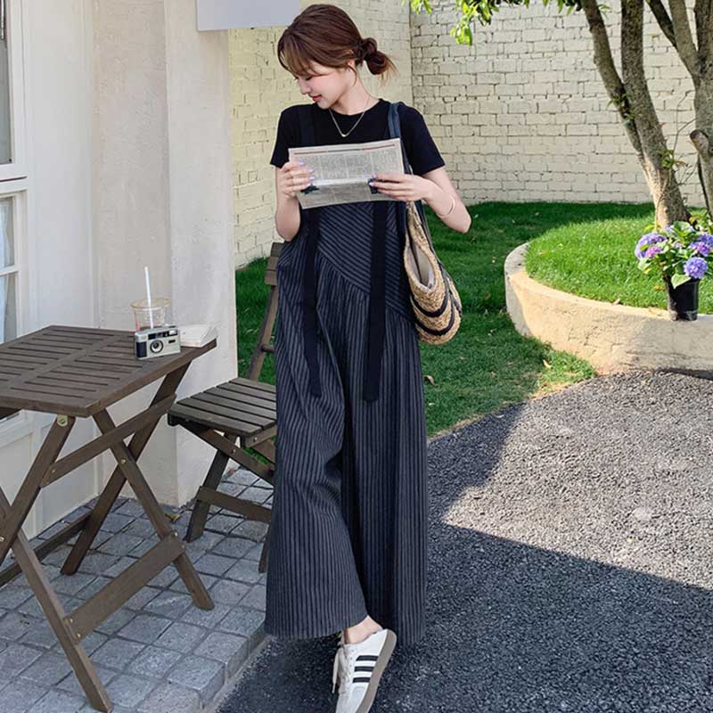 【即納】Tシャツ×ストライプ柄ワイドサロペットパンツ