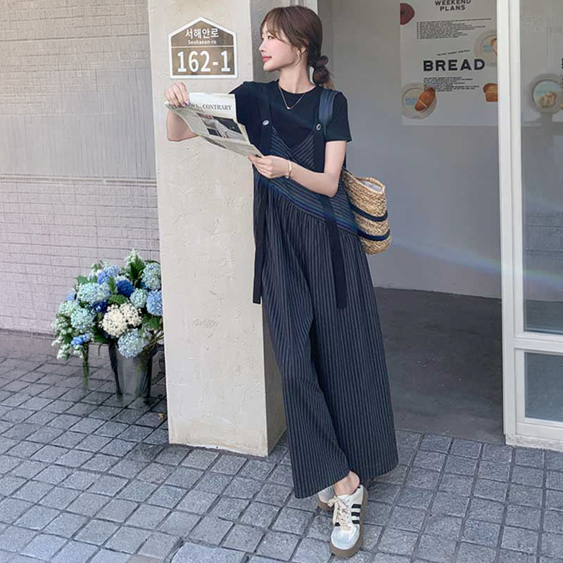 Tシャツ×ストライプ柄ワイドサロペットパンツ（黒）春/夏 サロペットで