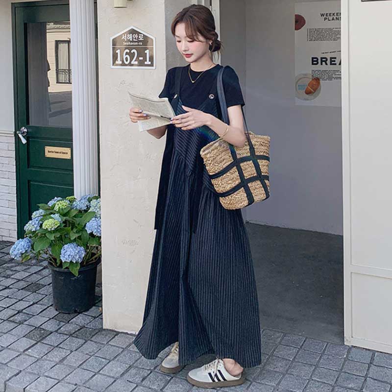 【即納】Tシャツ×ストライプ柄ワイドサロペットパンツ