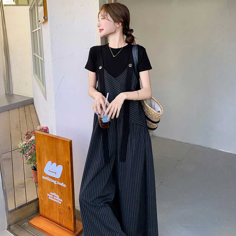 ストライプ サロペット ワイドレッグ Tシャツ×ストライプ柄ワイドサロペットパンツ（黒）春/夏 サロペットで