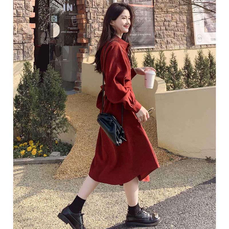 ウエストマークスエードワンピース(2colors)（赤・黒）秋 ウエスト