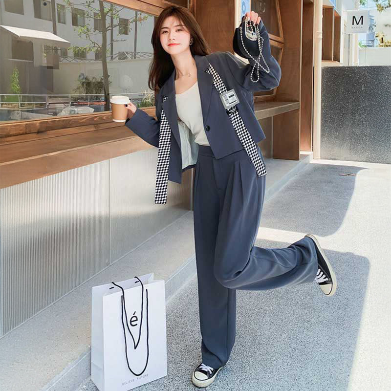 ショート丈テーラードジャケット×タックワイドパンツ(2colors)（灰・青