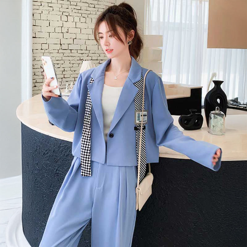 ショート丈テーラードジャケット×タックワイドパンツ(2colors)（灰・青