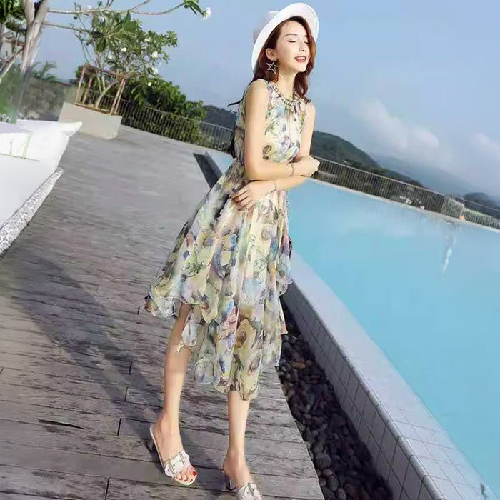 フリルネック花柄シフォンワンピース(2colors)