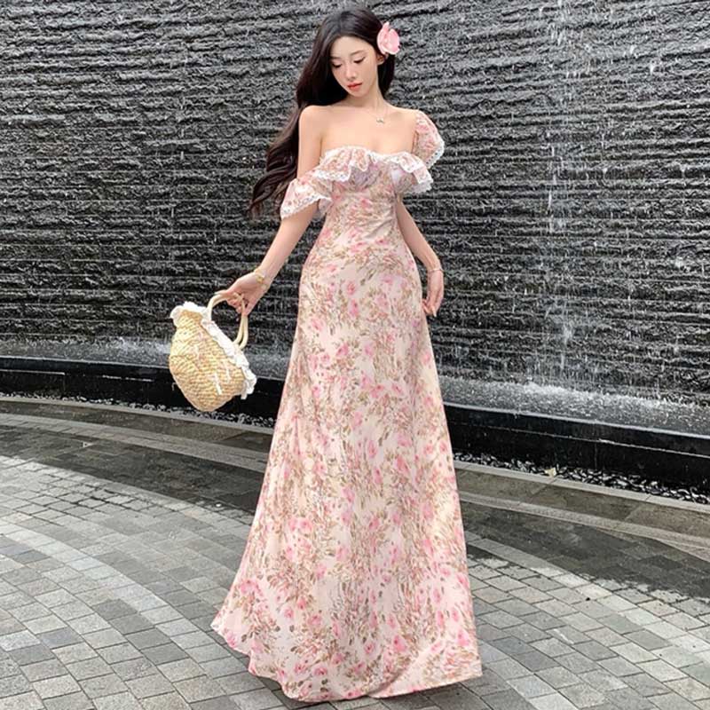 オフショルダー花柄ロングワンピース