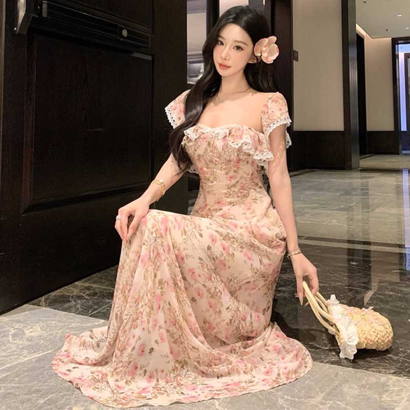 オフショルダー花柄ロングワンピース