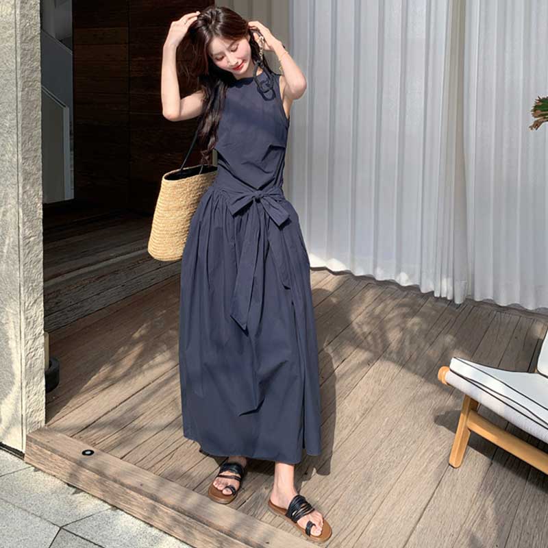 ボリュームリボンウエストマークワンピース(2colors)（紺・白）春/夏