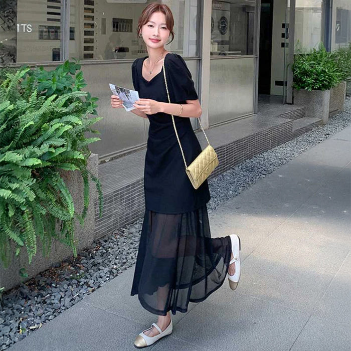 きなこ様　LEJA-半袖シアーレーススパンコールパフスリーブマーメイドワンピース パフスリーブマーメイドワンピース きなこ様 LEJA-半袖シアーレース