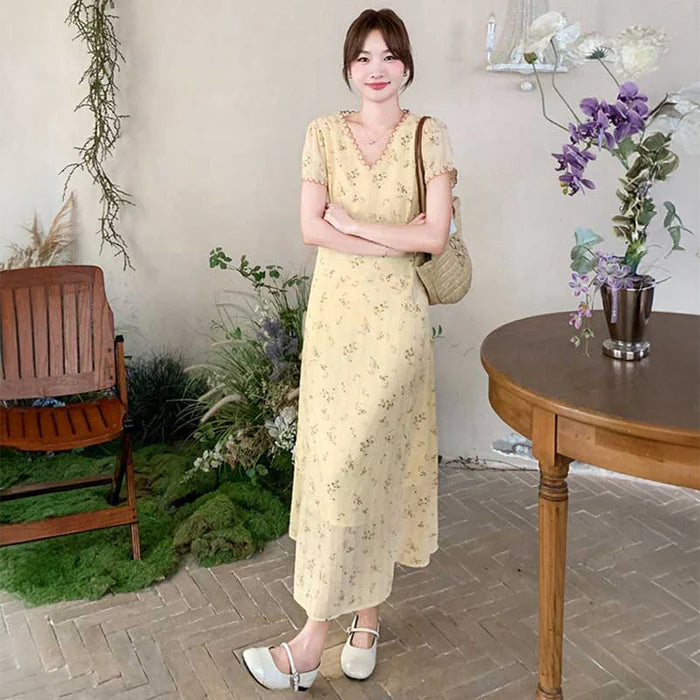 Vネック小花柄ロングワンピース