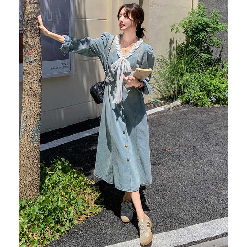 フリルリボンデニムワンピース