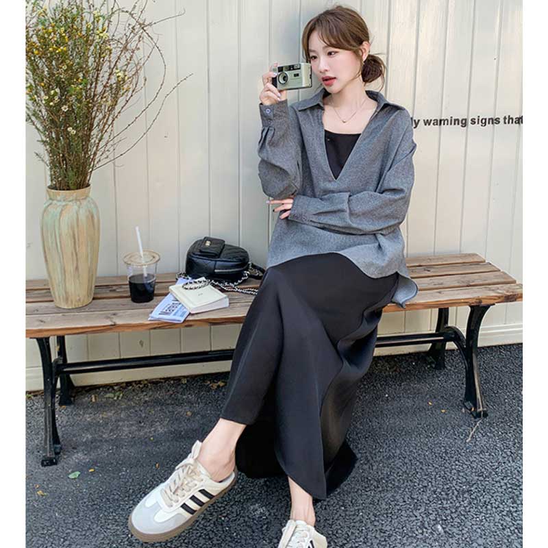 スキッパーシャツ×キャミソールワンピース