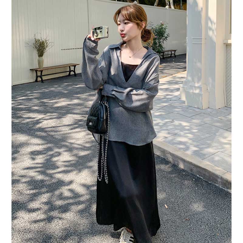 スキッパーシャツ×キャミソールワンピース