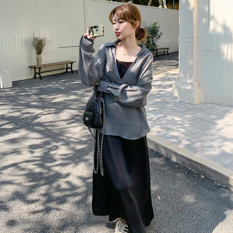 スキッパーシャツ×キャミソールワンピース