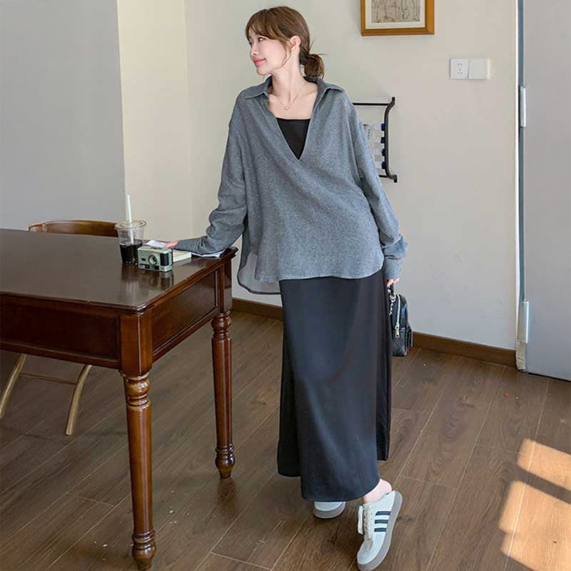 スキッパーシャツ×キャミソールワンピース