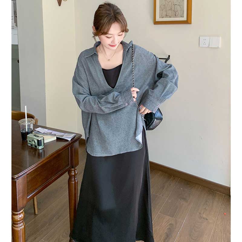 スキッパーシャツ×キャミソールワンピース