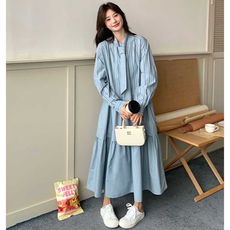 リボンタイストライプシャツワンピース