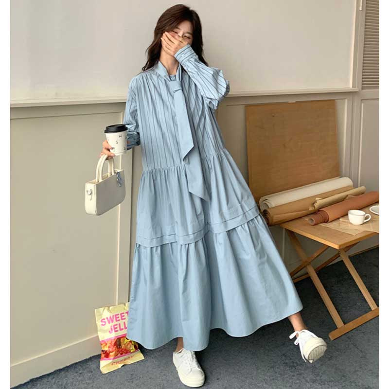 リボンタイストライプシャツワンピース