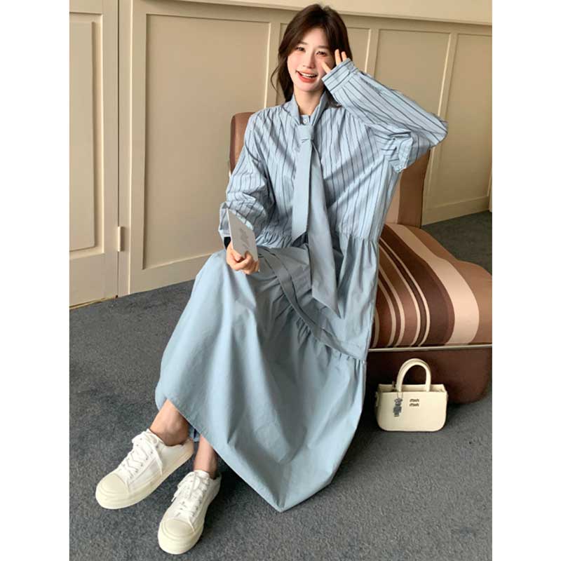 リボンタイストライプシャツワンピース